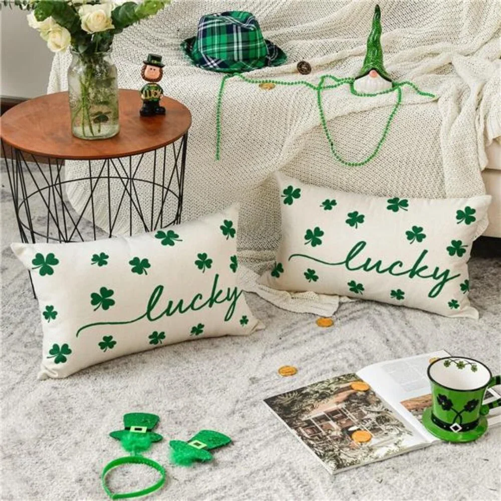 St Patricks Day Lucky Clover White Throw Pillow Cover, 12 x 20